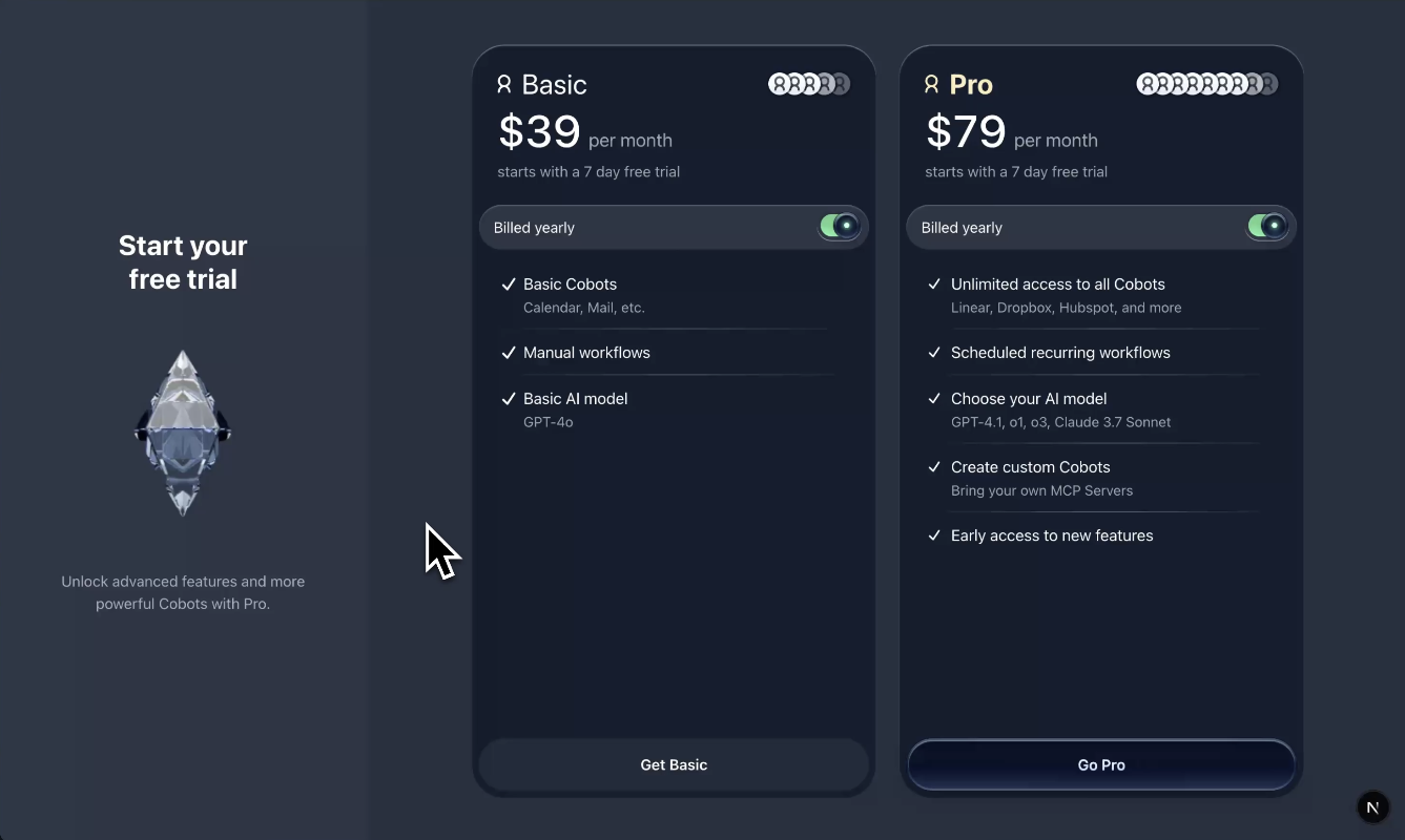 Monetization pricing page